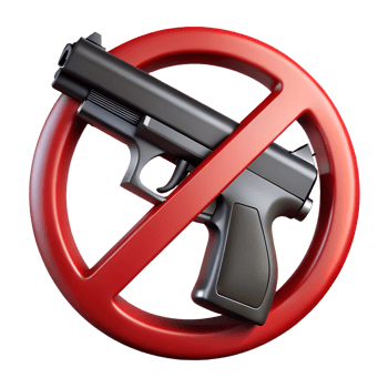 3d rendered prohibition sign with a crossed-out pistol icon, red circle and slash on transparent background. modern, clean design for safety, no firearms allowed concept png