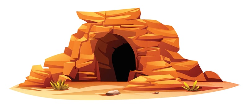 Desert cave with layered rock formations and arid terrain. Cartoon illustration vector