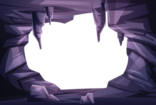 Dark cave interior with spiky stalactites, framing a blank white space. Cartoon illustration vector