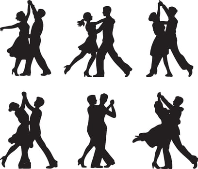 Six silhouettes couples ballroom dancing romance vector