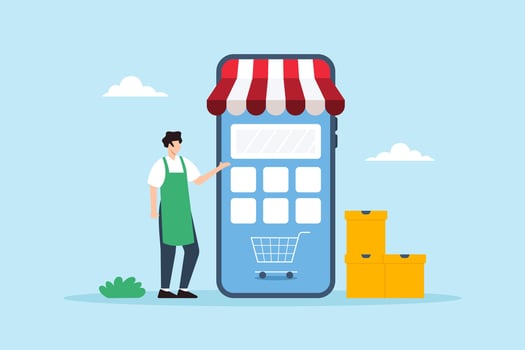 Flat illustration of small business owner interacting with online storefront smartphone mobile commerce digital retail entrepreneur shopkeeper and e-commerce vector