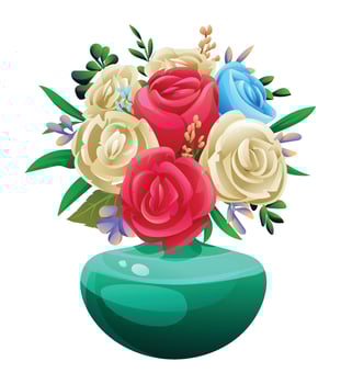 Floral bouquet in a turquoise round vase, with white, red, and blue roses. Cartoon illustration vector