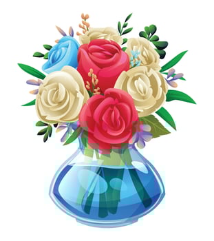 Colorful bouquet of red, white and blue roses in a clear vase with water. Cartoon illustration vector