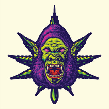 Gorilla Head Surrounded By Cannabis Leaves In Vibrant Colors Logo vector