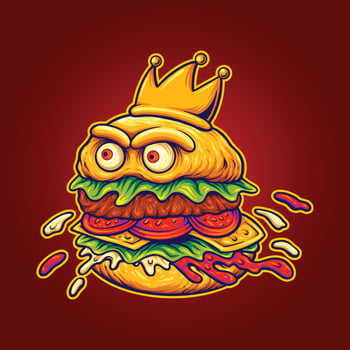 Cartoon Hamburger Character With Crown And Angry Eyes Mascot Logo vector