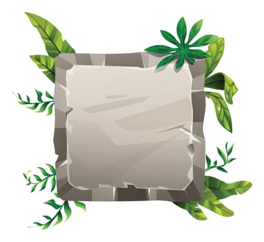 Square stone sign with cracked edges and tropical foliage decoration. Cartoon illustration vector