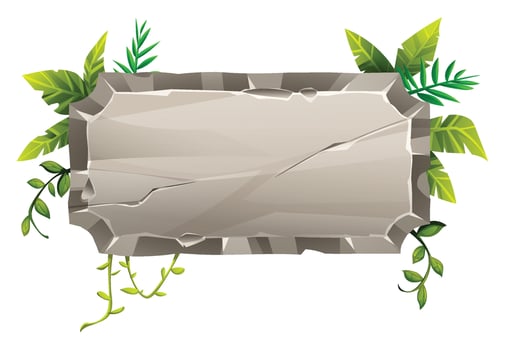 Cracked stone sign with tropical greenery and vines for nature theme. Cartoon illustration vector
