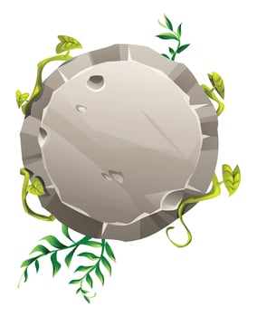 Round stone sign with vines and tropical leaves for jungle themed design. Cartoon illustration vector