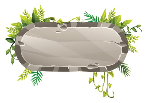 Rounded rectangular stone sign with cracks and tropical leaves for jungle theme. Cartoon illustration vector