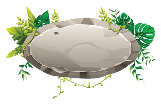 Oval stone board decorated with lush tropical leaves and vines on white background. Cartoon illustration vector