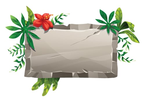Tropical stone sign with red hibiscus and jungle leaves for summer decoration. Cartoon illustration vector