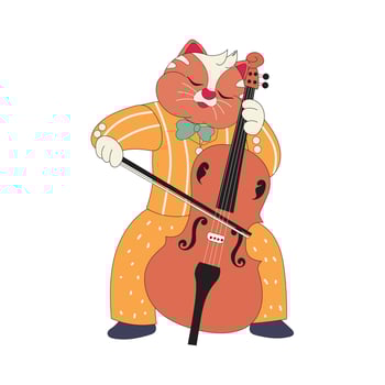 Charming flat or lowbrow style illustration of a cute cat dressed formally and playing a cello. Perfect for childrens content, musical animals, and whimsical designs with joyful character themes vector
