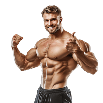 Muscular Man with Perfect Body Smiling, Flexing Biceps, and Showing Thumbs Up Isolated on Transparent Background png
