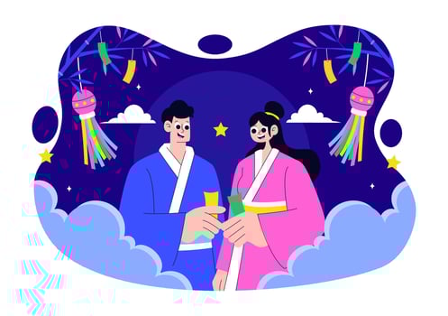 of Tanabata Japan Holiday with Peony Flowers and People in Kimono in Cartoon Style vector