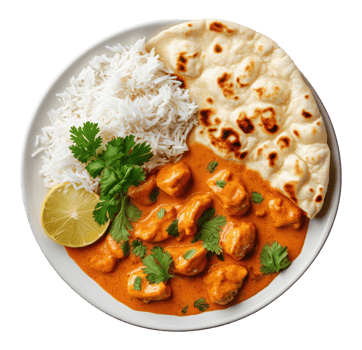 Traditional Indian butter chicken curry with white rice, naan bread and garnish isolated on transparent background png