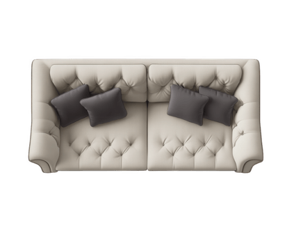Luxurious cream sofa with gray pillows, shot from above, offering an elegant seating area. png