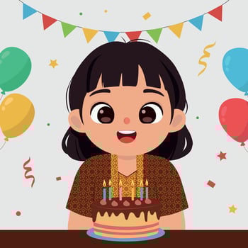 Cute Girl in Batik Outfit Celebrating Birthday with Party Cake vector