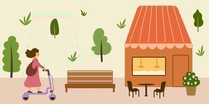 Women riding electric scooter in park. City park scene. Trendy transportation element. City park with cafe shop. vector