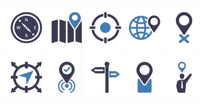 A set of 10 location icons as compass, map, target in blue filled color vector