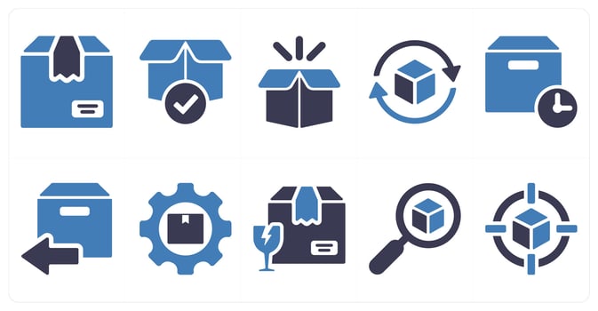 A set of 10 delivery icons as parcel, package, product in blue filled color vector
