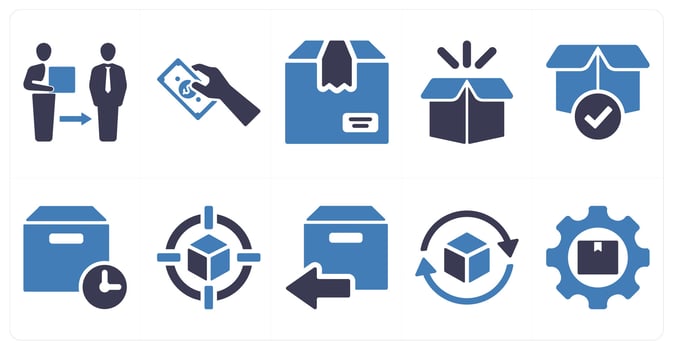 A set of 10 delivery icons as delivery on time, worldwide delivery in blue filled color vector