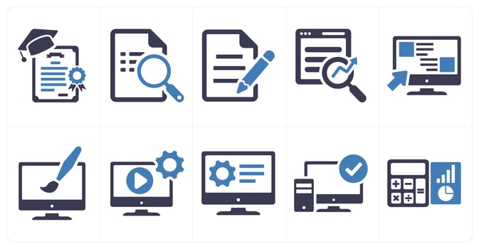 A set of 10 hard skills icons as certificates, search document, copy writing in blue filled color vector