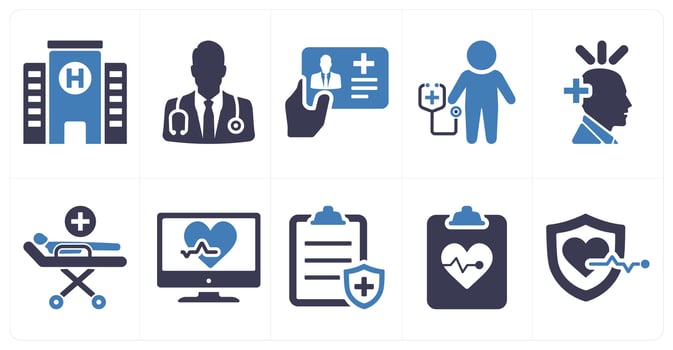 A set of 10 health checkup icons as hospital, doctor, health card in blue filled color vector