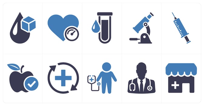 A set of 10 health checkup icons as blood sugar, blood pressure, blood sample in blue filled color vector