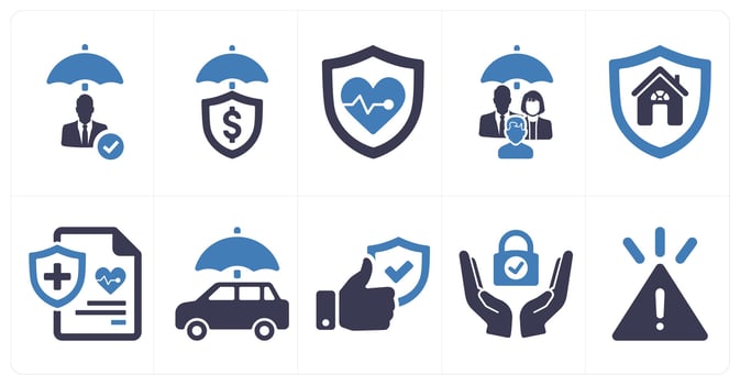 A set of 10 insurance icons as insurance, financial protection, life insurance in blue filled color vector