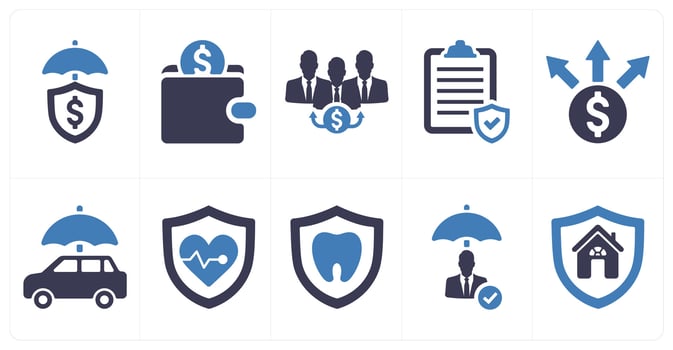 A set of 10 insurance icons as financial protection, savings, beneficiary in blue filled color vector