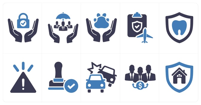 A set of 10 insurance icons as secure, social security, pet care in blue filled color vector