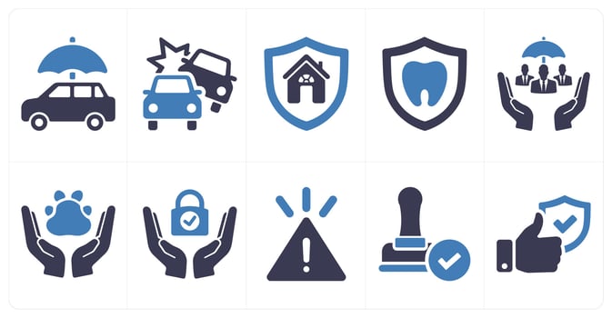 A set of 10 insurance icons as car insurance, accident, home insurance in blue filled color vector