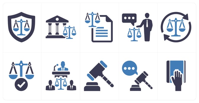 A set of 10 justice icons as justice, court, law in blue filled color vector