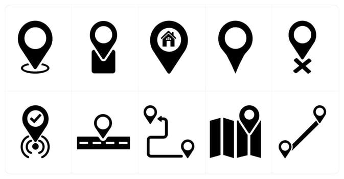 A set of 10 location icons as location, place, home location in black filled color vector