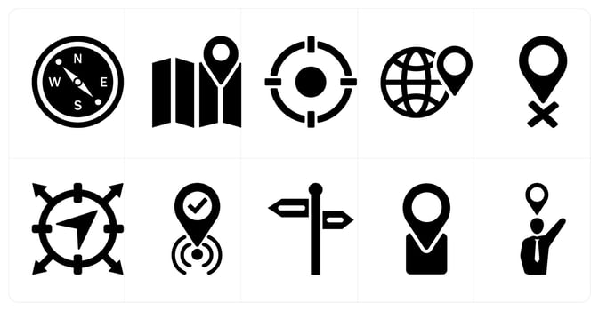 A set of 10 location icons as compass, map, target in black filled color vector