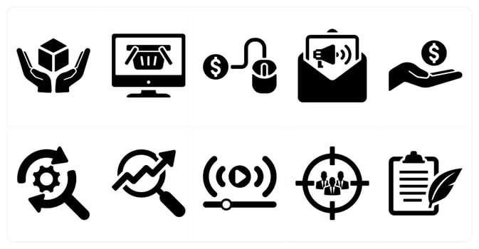 A set of 10 digital marketing icons as product, online shop, pay per click in black filled color vector