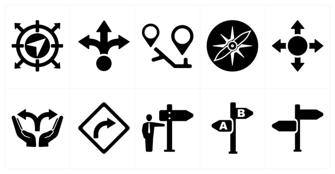 A set of 10 direction icons as navigation, way, itinerary in black filled color vector