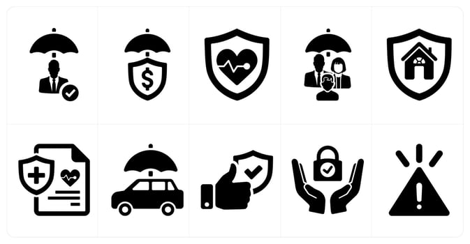 A set of 10 insurance icons as insurance, financial protection, life insurance in black filled color vector