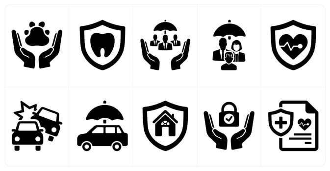 A set of 10 insurance icons as pet care, dental, social security in black filled color vector