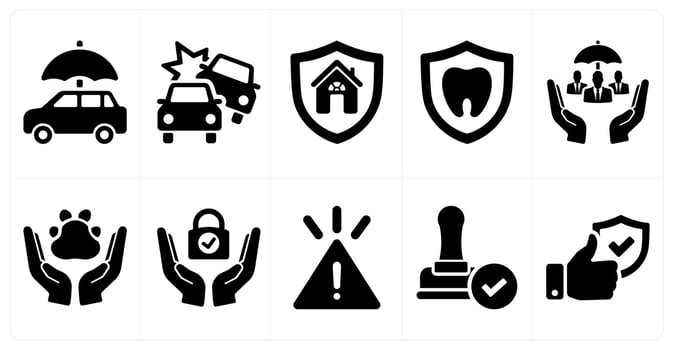A set of 10 insurance icons as car insurance, accident, home insurance in black filled color vector