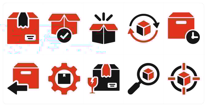 A set of 10 delivery icons as parcel, package, product in red filled color vector