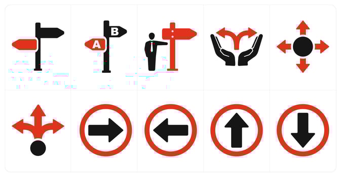 A set of 10 direction icons as direction, choice, indicate direction in red filled color vector