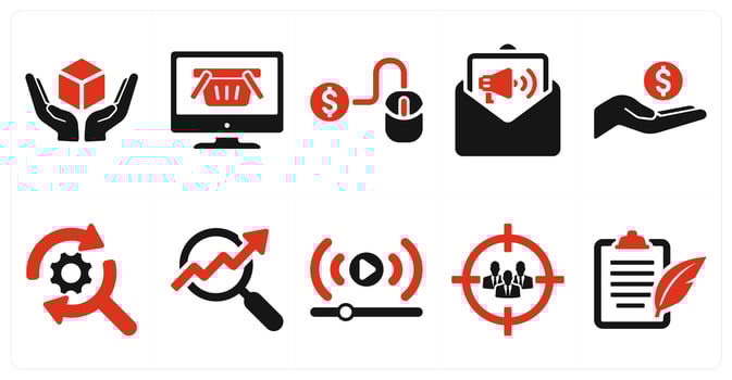 A set of 10 digital marketing icons as product, online shop, pay per click in red filled color vector