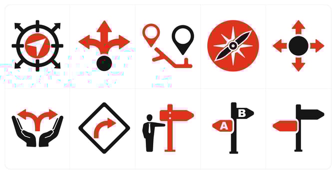 A set of 10 direction icons as navigation, way, itinerary in red filled color vector
