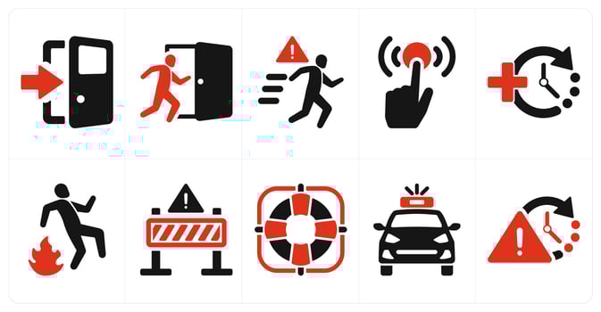 A set of 10 emergency icons as exit, evacuation, escape in red filled color vector