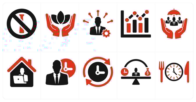A set of 10 employee benefits icons as no dress code, wellness, skills development in red filled color vector
