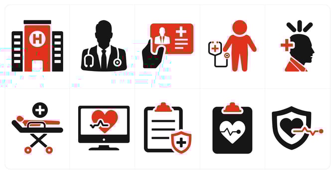 A set of 10 health checkup icons as hospital, doctor, health card in red filled color vector