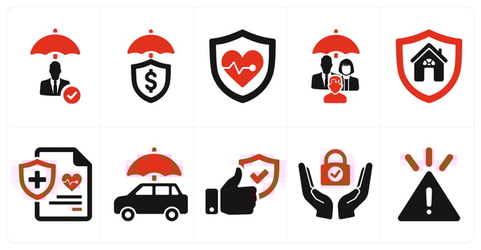 A set of 10 insurance icons as insurance, financial protection, life insurance in red filled color vector