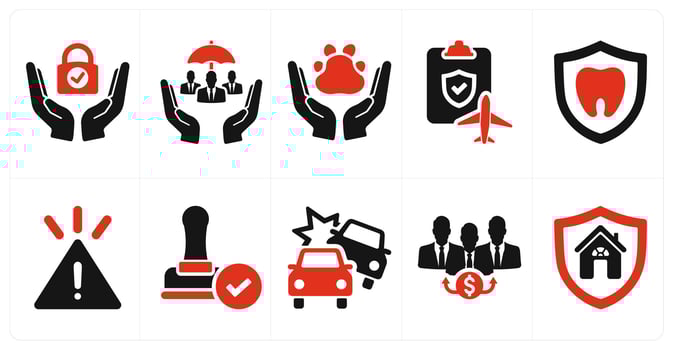 A set of 10 insurance icons as secure, social security, pet care in red filled color vector