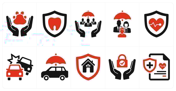 A set of 10 insurance icons as pet care, dental, social security in red filled color vector